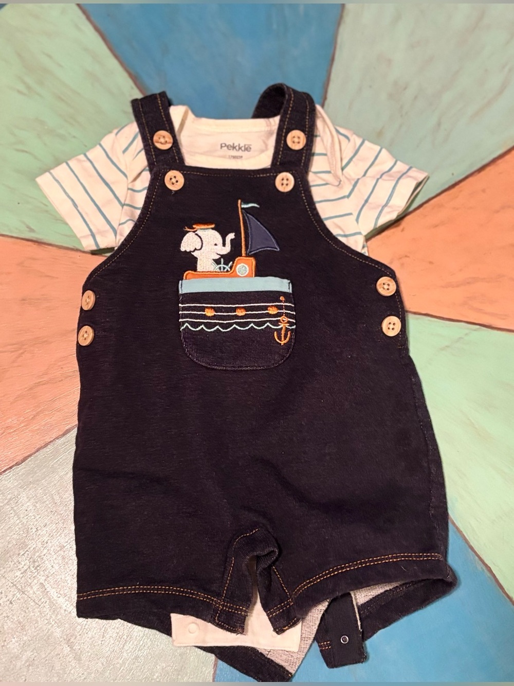 Pekkle Navy Baby Overalls with Striped Tee and an elephant fishing